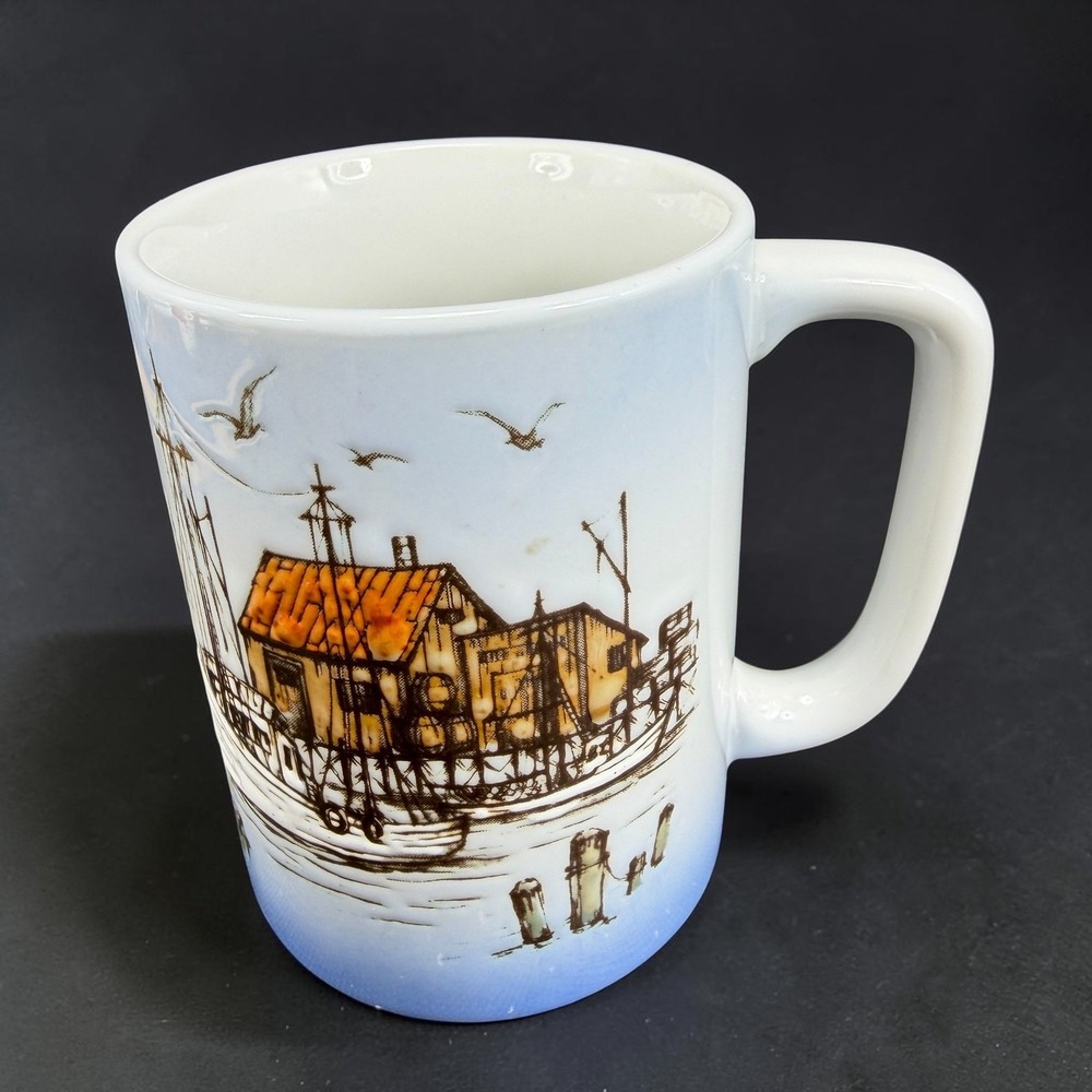 Vintage Otagiri Nautical Lighthouse Seagulls Stoneware Coffee Mug 1980s Blue